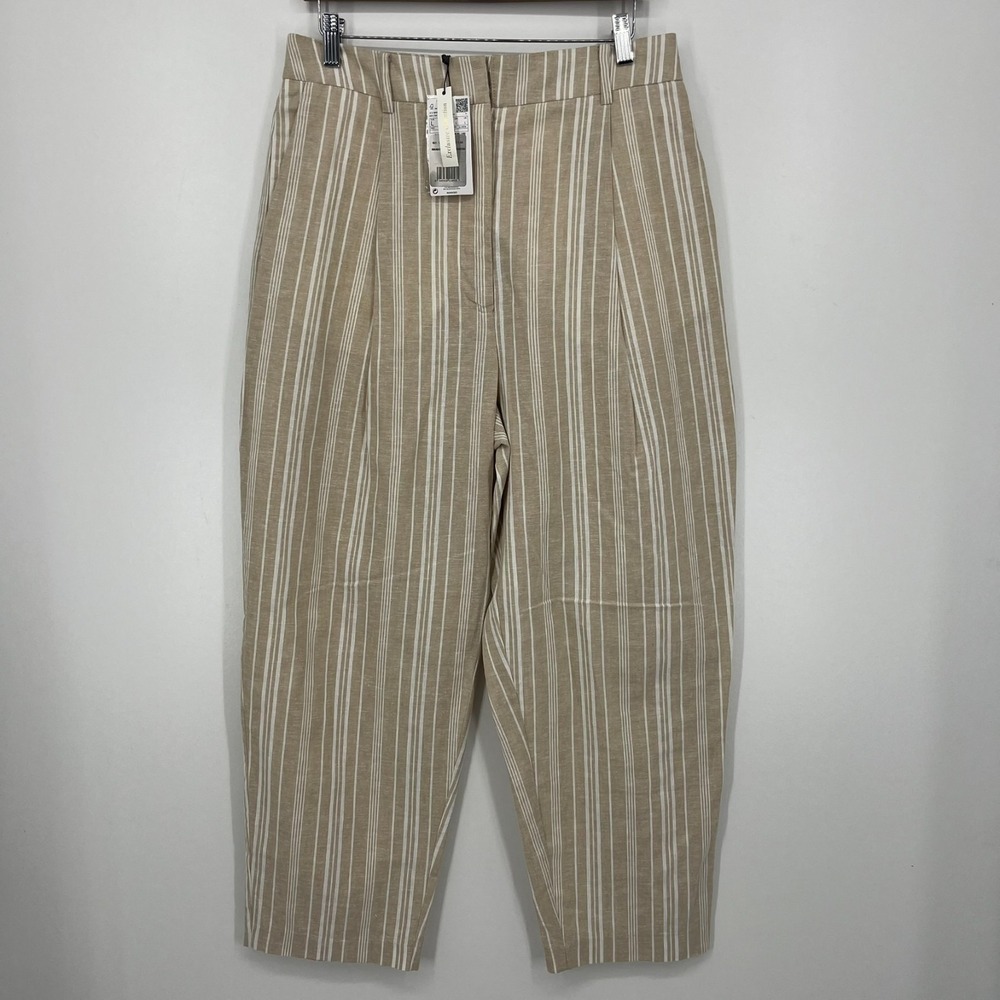 MNG Trouser Pants Women's‎ Size L Beige Pleated Stripped New NWT